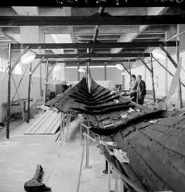 Skuldelevskibene er ved at blive samlet til en enhed og opstillet i Vikingeskibshallen 