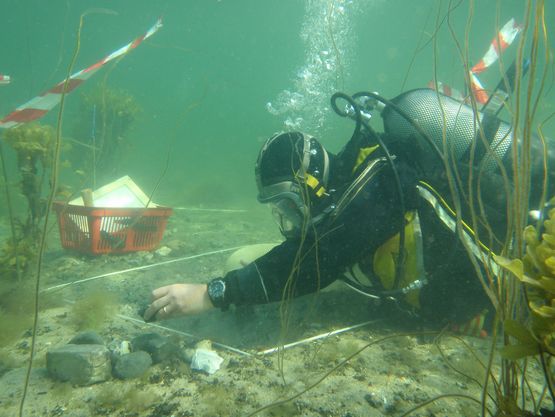 [Translate to english:] Marinarkæolog undersøger en undersøisk stenalderboplads i Danmark. Foto: Morten Johansen, Vikingeskibsmuseet