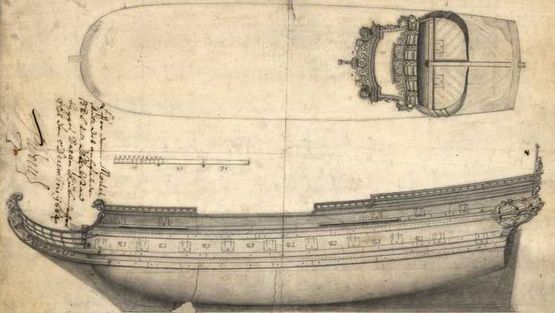 Originaltegning af orlogsskibet HUMMEREN fra 1623 (Rigsarkivet). DELMENHORST var af samme type, og havde omtrent samme størrelse, som Hummeren - dog en alen længere over kølen.