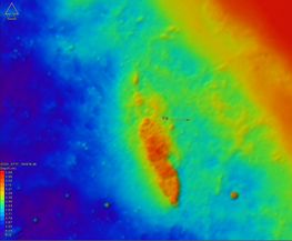 Multi-beam measurement of sea depths. On the scan, the wreck appears clearly. Data: Femern A/S