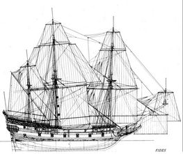 Rekonstruktionstegning af orlogsskibet FIDES, som var af omtrent samme type størrelse som DELMENHORST. Tegning: N.M. Probst
