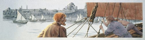 Vikinger ankommer til Konstantinopel, vore dages Istanbul. LÃ¦g mÃ¦rke til Hagia Sofia i baggrunden. Illustration: Flemming Bau. Â© Vikingeskibsmuseet.