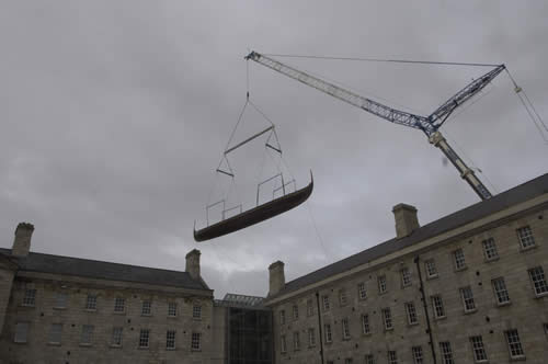 The Sea Stallion on its way in over Collins Barracks, National Museum of Ireland, on 17 August 2007. On 30 May this year it will go the other way, and the Sea Stallion will once again sink its keel into water. Photo: Werner Karrasch, Viking Ship Museum