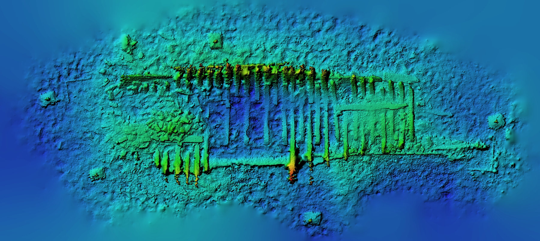 3d-model af skibsvraget Svælget 1 som det blev fundet. Her er også anvendt fotogrammetri. Farverne angiver højden af de bevarede skibsdele.