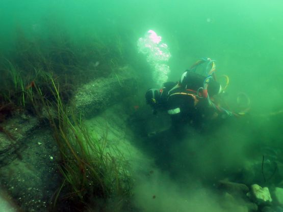 Marinarkæologen Matko Cvrljak i gang med udgravningen af Middelalderskibet fra Kalverev. Før arkæologerne kunne få overblik over vragdelenes omfang, skulle de først fjerne op til 1,4 meter sand og dynd. Foto: Nilas H. Møller