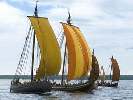 De fem rekonstruktioner af vikingeskibene sejler på Roskilde Fjord. Copyright Vikingeskibsmuseet i Roskilde. 