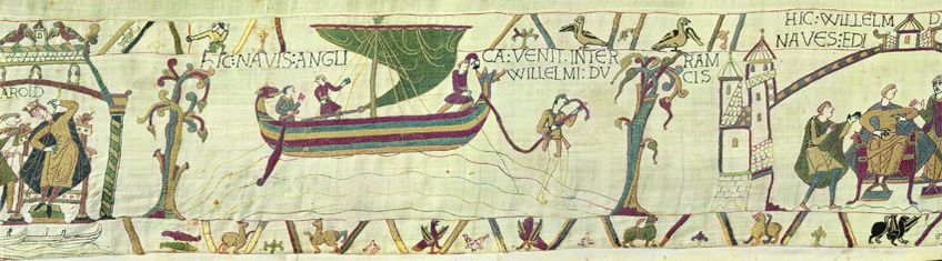 Scene from the Bayuex Tapestry, 11th Century. The man in the ship's bow measures water depth with a punt staff. With special permission from the City of Bayeux.