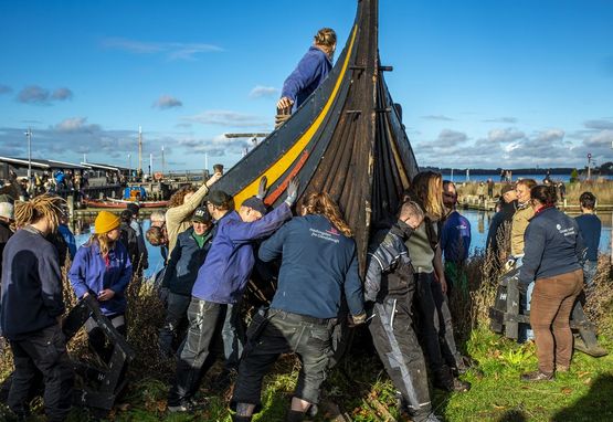 The ship Sea Stallion from Glendalough is launched into the water last spring 2022 by the guild members