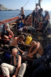 A game of chess during the expedition for Norway in 2006. Werner Karrasch, The Viking Ship Museum.