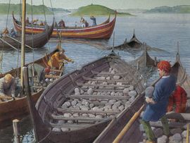 Rekonstruktion af anlæggelsen af spærringen ved Skuldelev af Flemming Bau. Copyright: Vikingeskibsmuseet, Roskilde