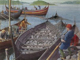 Reconstruction of the creation of the barrier at Skuldelev by Flemming Bau. Copyright: Viking Ship Museum in Roskilde