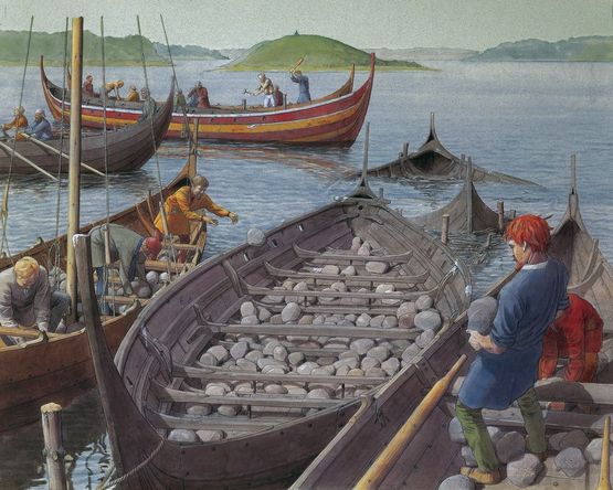 Reconstruction of the creation of the barrier at Skuldelev by Flemming Bau. Copyright: Viking Ship Museum in Roskilde