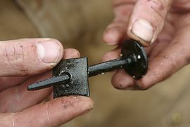 The Viking Ship Museum builds a new reconstruction of a Skuldelev ship. A nail handcrafted by the blacksmith.