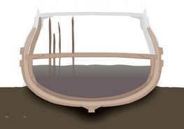 The cross-section was drawn from a photogrammetric 3D model aiming to record the hull shape. The gray area are assumptions. The shape of the hull covered in sediments were established through probing. The standing poles or stanchions were added to provide extra strength to the hull was attached to the ship Neptunus before scuttling. Planking and double planking is preserved below the lower wale. The cross-section reveals many similarities to the original drawing of Hummeren which served the model for To Løver. Drawing: Jim Hansson and Alexander Rauscher, Swedish National Maritime and Transport Museums. 