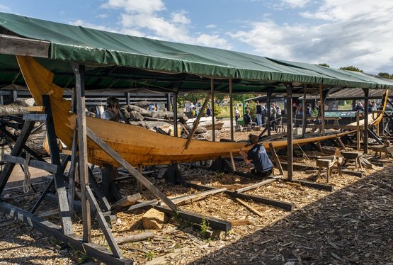 Byggeriet af vikingeskibet Skuldelev 5 er igen i fuld gang. Copyright: Vikingeskibsmuseet i Roskilde 