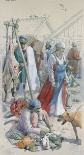 Street life. Notice the arab in the background. Could that be Al-Tartûschi? Drawing: Flemming Bau. © The Viking Ship Museum.