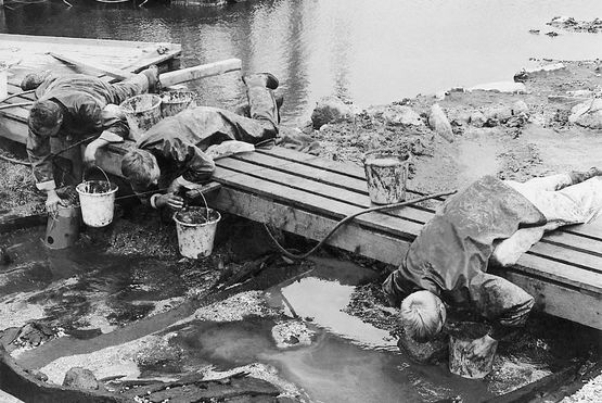 Excavation by hand from one of the catwalks Excavation Skuldelev ships. Viking ship Museum