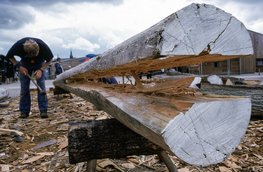 Kløvning af fyrretræ til skibet 'Ottar' en rekonstruktion af vikingeskibet Skuldelev 1. Copyright: Vikingeskibsmuseet i Roskilde.