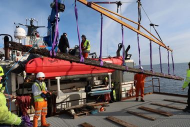 Vikingeskibsmuseets marinarkæologer har hævet kølsvinet fra vraget Svælget 1. Kølsvinet er det langsgående stykke tømmer der ligger inde i skibet, over spanterne og langs med kølen. 