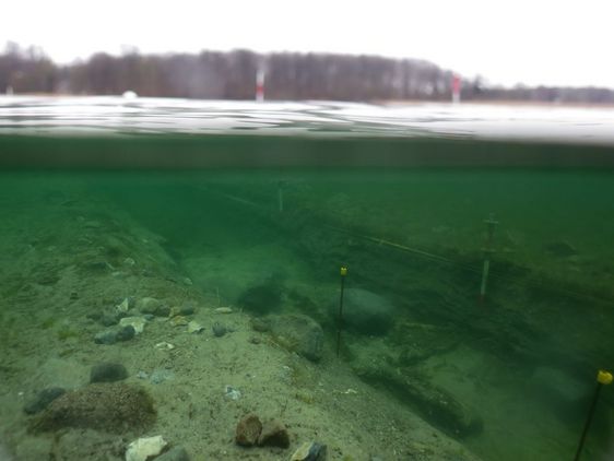 Udgravningen forgår ved Orenæs ud for Falsters nordkyst. Udgravningsfeltet kan ses under vandet. Lynæs Skov kan ses over vandet i baggrunden. Andreas Bloch Kallmeyer