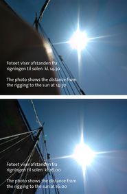De to fotos viser afstanden mellem solens position og Ottars rigning henholdsvis  kl. 14.30 og kl. 16.00. Foto: Klaus Kay