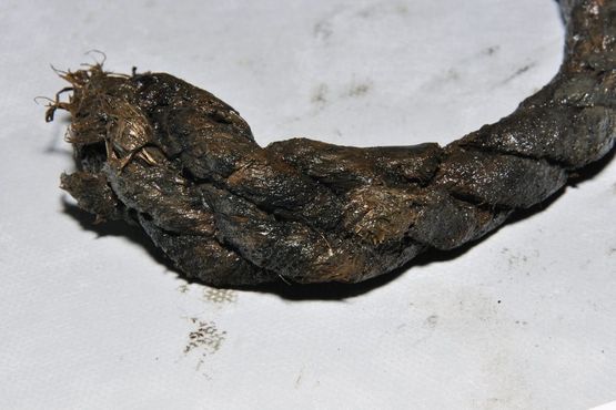 Torsdag d. 10. maj. I den ene ende af tovstumpen fra blokken kan man se resterne af en splejsning. Foto: Morten Johansen, Vikingeskibsmuseet. Torsdag d. 10. maj. I den ene ende af tovstumpen fra blokken kan man se resterne af en splejsning. Foto: Morten Johansen, Vikingeskibsmuseet.