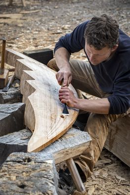 The Viking Ship Museum builds a new reconstruction of a Skuldelev ship. Wood cutting is done by hand, according to the old methods used by the Vikings.
