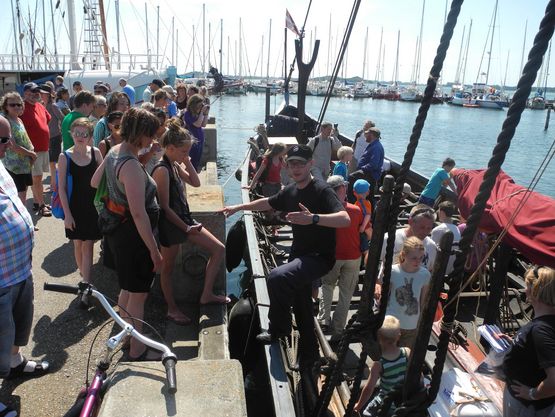 Open ship on the Sea Stallion. The crew invites people aboard the Viking ship.