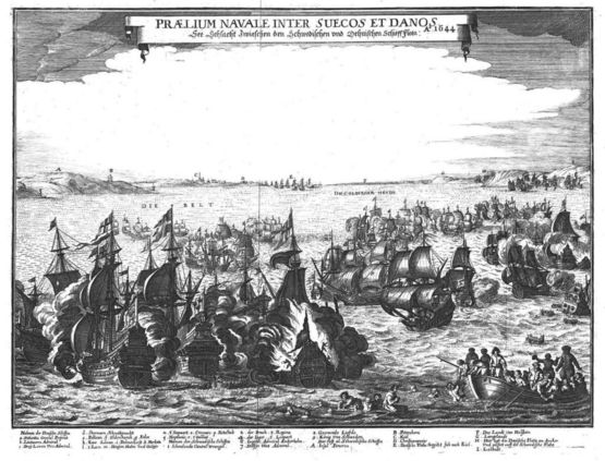 Søslaget ved Femern 13. oktober 1644 skildret i 1651 og publiceret af den tyske kronikør Matthäus Meriam. Det brændende skib i midten er Lindormen, mens det synkende skib helt ude til højre er Swarte Arent. Prælium Navale inter Suecos et Danos Ao 1644
