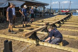 The reconstruction of Skuldelev 5 - The keel is put in place.