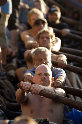 The Viking Ship Museum builds a new reconstruction of a Skuldelev ship. Oarsmen in action at sea.