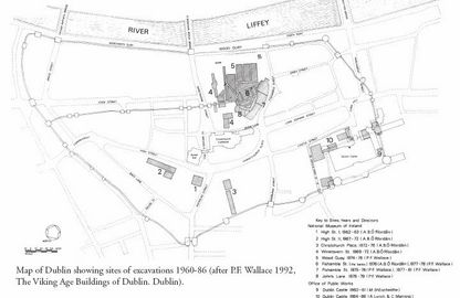Kort over Dublin med udgravninger fra 1960-68 markeret. Tegning af P:F Wallace 1992