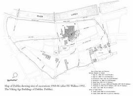 Kort over Dublin med udgravninger fra 1960-68 markeret. Tegning af P:F Wallace 1992