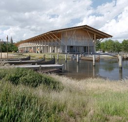Visualiseringen af den nye udstillingsbygning til de fem vikingeskibe. Copyright: Kvant1 og Lundgaard & Tranberg Arkitekter