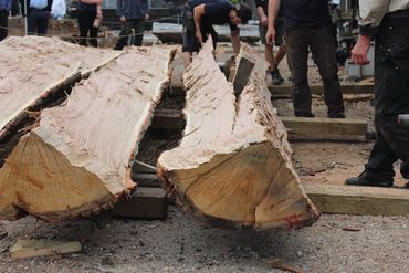 Birger works larger wedges in along the side of the log. 