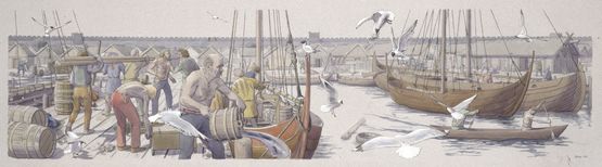 Scene fra Hedebys havn. Illustration: Flemming Bau. © Vikingeskibsmuseet.