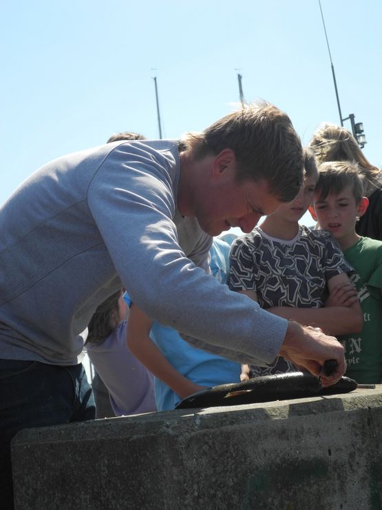 The chef Gill Meller from River Cottage working the Sea Stallion's galley, consisting of two gas burners in a cooking chest