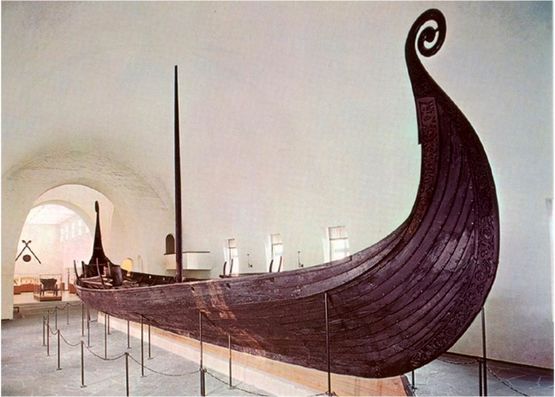The well preserved Oseberg ship from 820 in the Viking Ship Hall in Oslo, Norway. Photo Museum of Cultural History