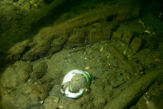 Glaseret lertøjskande. I bunden omkring kanden; tovværk. Foto: Morten Johansen, Vikingeskibsmuseet