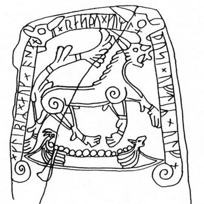 Runesten fra Tullstorp i Skåne. Skibet er udstyret med "stævnskæg" for og agter, en konstruktionsdetalje som endnu er ukendt i de arkæologiske fund