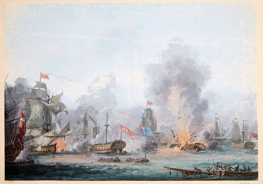 Dannebroge eksploderer under Slaget på reden 2. april 1801. Nu har marinarkæologer fundet vraget af det store krigsskib.  Maleri: Slaget på Reden af Gustaf Boberg fra 1801. Dannebrog eksploderer. Public Domain. SMK.