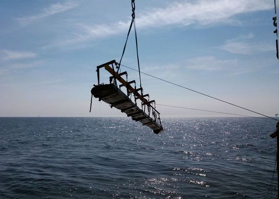 Under arbejdet med at klargøre Kriegers Flak til Vattenfalls nye havmøllepark er der fundet flere genstande, formentlig fra 16-1800-tallet, som marinarkæologer nu har bjærget og er ved at undersøge nærmere. Her bjærges et 8,30 meter langt ror. Foto: Vikingeskibsmuseet.