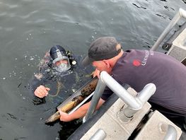 Marinarkæolog Andreas K. Bloch afleverer en prøve til udgravningsleder og marinarkæolog Mikkel H. Thomsen. Prøverne skal give svar på, hvor gammel spærringen er. Foto: Andreas Binder