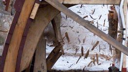 A lower velocity (300 m/sec) round through the thickest part of the structure creates large, jagged chunks of timber travelling at more than 200 m/sec (photo Bofors Test Center, courtesy of the Vasa Museum).