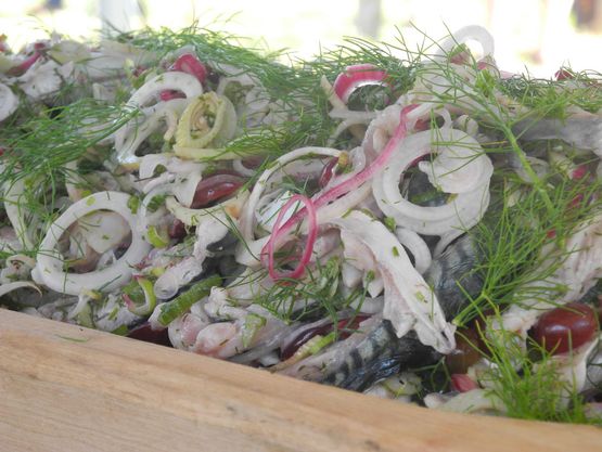 Freshly Caught mackerel from the island, pickled, tossed with onions, dill and sweet gooseberry.