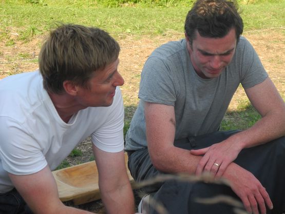 Steven Lamb (left) and Gill Miller (right) from River Cottage. Steven stood for interviews. Gill was head chef at the Viking feast.