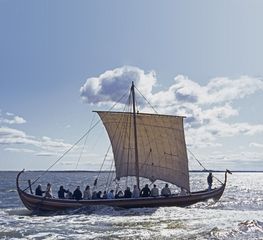 Vikingeskibsrekonstruktionen "Helge Ask" trukket op på land. Foto: Werner Karrasch. Copyright: Vikingeskibsmuseet i Roskilde