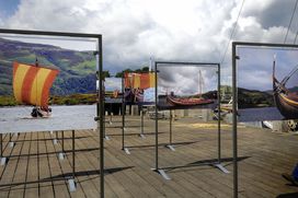 The special exhibition reach over a large part of the Viking Ship Museums area. This picture shows a part of the exhibition by the Museumharbour.