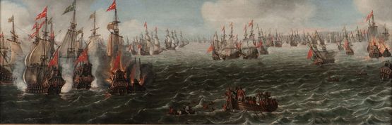 Søslaget i Femern Bælt den 13. oktober 1644. Maleriet er sandsynligvis et samtidigt oliemaleri, sandsynligvis lavet af Jan van de Velde IV (1620 – 1663). På styrbord side af skibet i forgrunden ses signaturen IFDV, der er initialer for en hollandsk kobbergravør CI Visscher. Hans kobberstik fra samme søslag er dermed brugt som forlæg for oliemaleriet.  Gruppen af skibe i forgrunden består af Smålands Lejon, der gør klar til at entre og erobre det danske flagskib Patentia, mens ’branderen’ Meerman sætter ild til det danske orlogsskib Lindormen. Skibene i brand yderst til højre kan være Delmenhorst, der angribes af branderen Lilla delfin. Helt ude til højre ses det synkende skib Swarte Arent.
