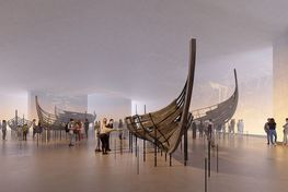 Visualisering Nyt Vikingeskibsmuseum. Ny udstillingsbygning til Skuldelevskibene, interiør i skibsrummet. En visualisering af skibsrummet i den nye bygning til Vikingeskibene. Det er her Skuldelevskibene skal sikres og udstilles for fremtiden. Hele rummet kan iscenesættes med lys og lyd, med henblik på at formidle skibenes mange historier. Copyright: KVANT-1 og Lundgaard & Tranberg Arkitekter